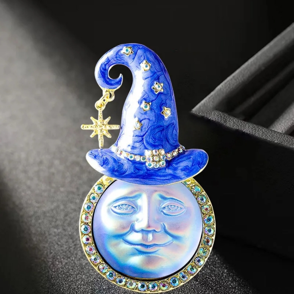 Moon Witch brooch pin enamel vintage style New 18k GP Swarovski crystals Ab - Picture 12 of 13